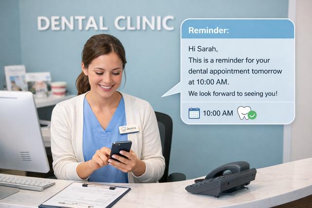 Empfangsmitarbeiterin einer Zahnarztpraxis versendet eine Terminerinnerung